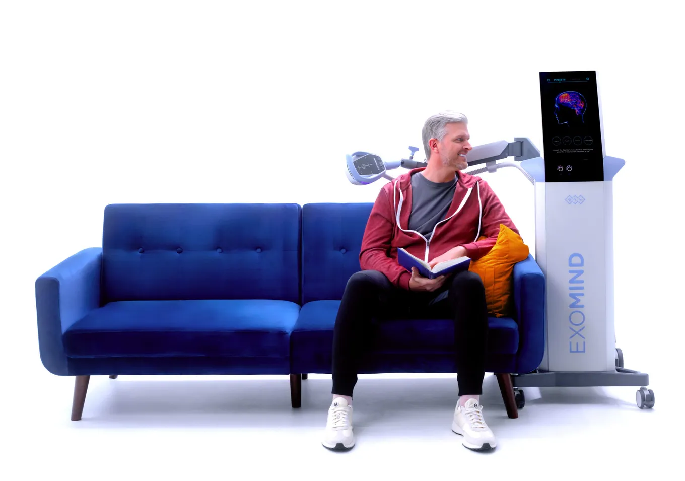 a middle-aged man is comfortable during his exomind therapy
